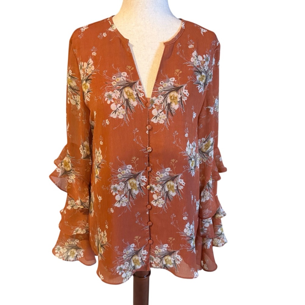GILLI Rust Floral Ruffle Sleeve Button Front Blouse Size S Boho Chic, Festival